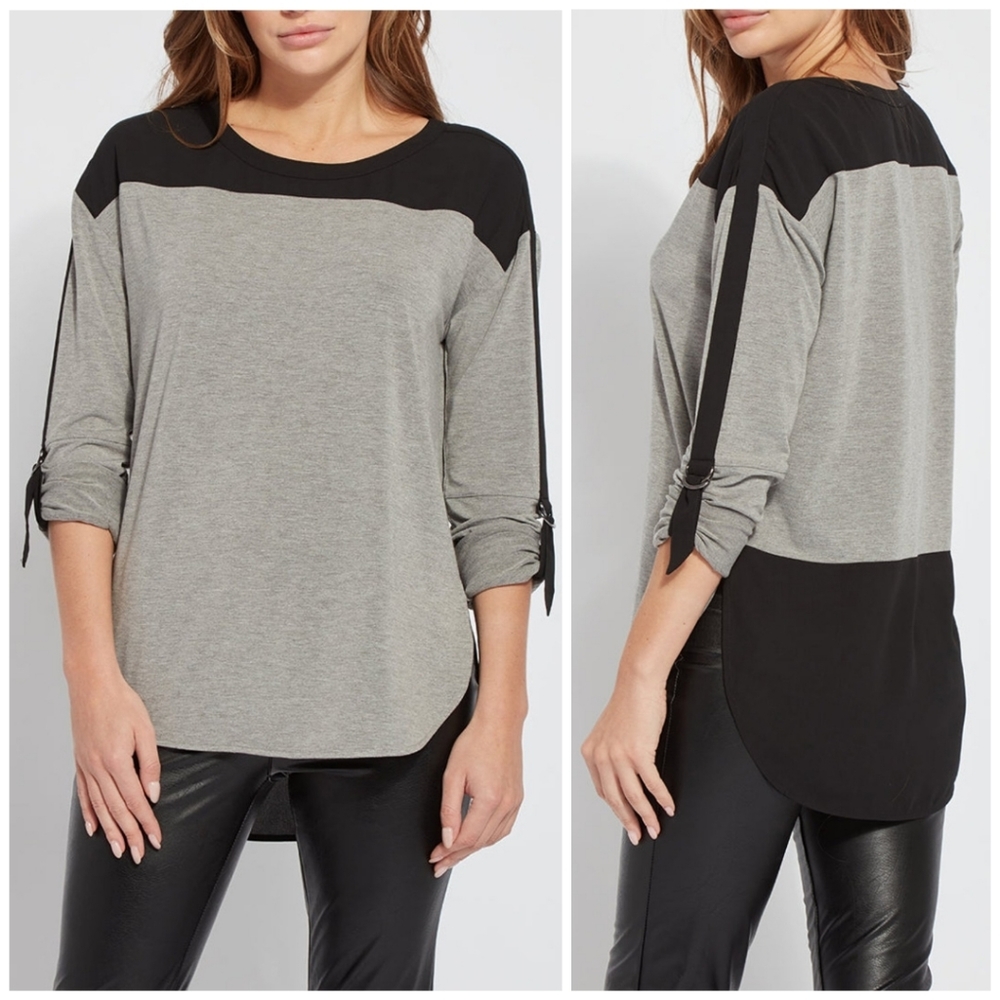 NWT! Lysse New York Dark Heather Grey/Black Billie Roll-Tab Sleeve Top Tunic Sm